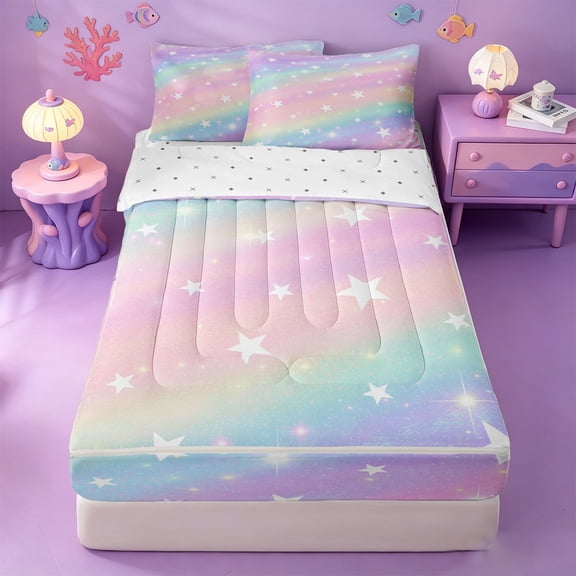 meiyoeat Colorful Gradient Zipper Twin Comforter Sets with Fitted Sheet and 2 Pillowcases,Cute Rainbow Stars Print Zipper Bedding Set For Girl,Reversible,4-Piece