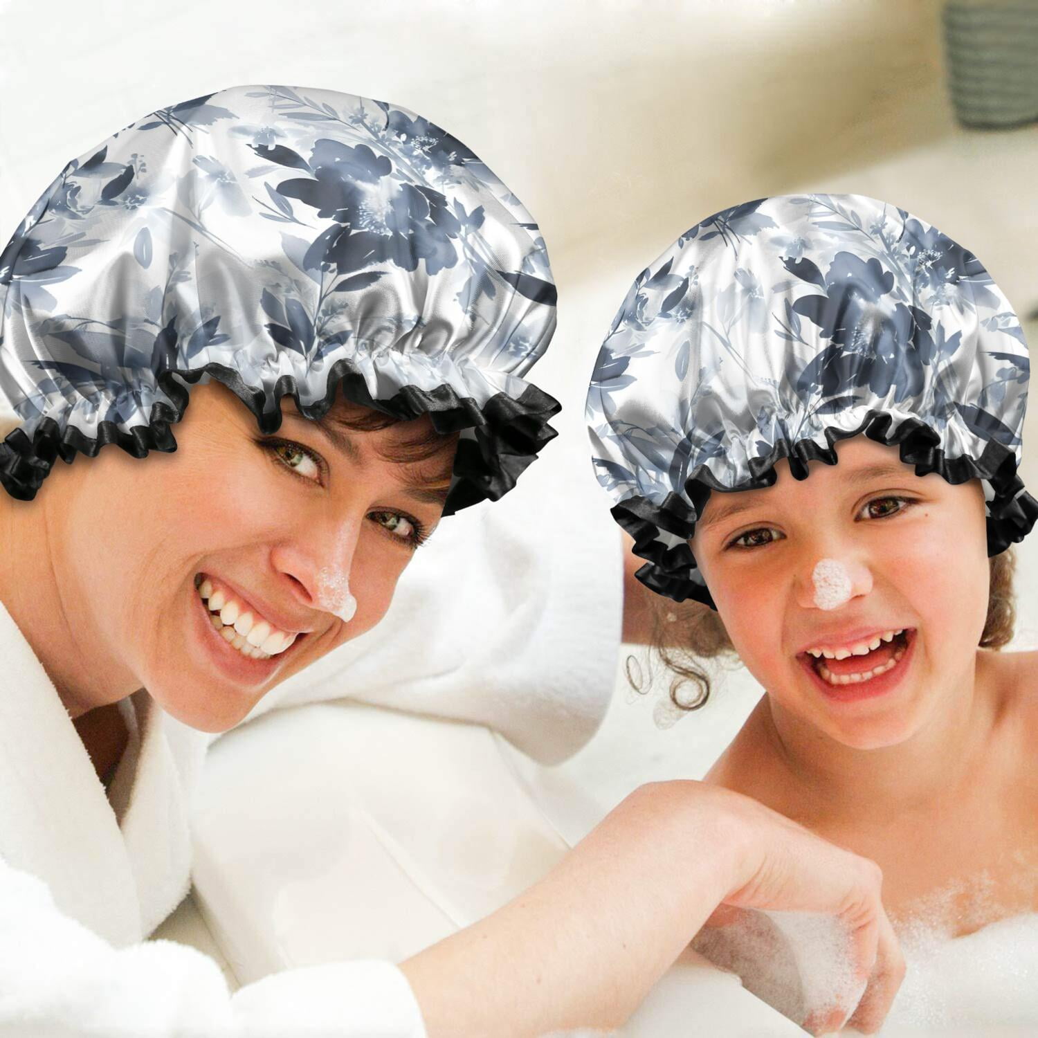 Shower Caps,Pioneer Flower Floral Print Pattern Waterproof Shower Cap for Women 4 Pieces,Double Reusable Hair Cover for Shower PEVA Elastic Stretch Hem