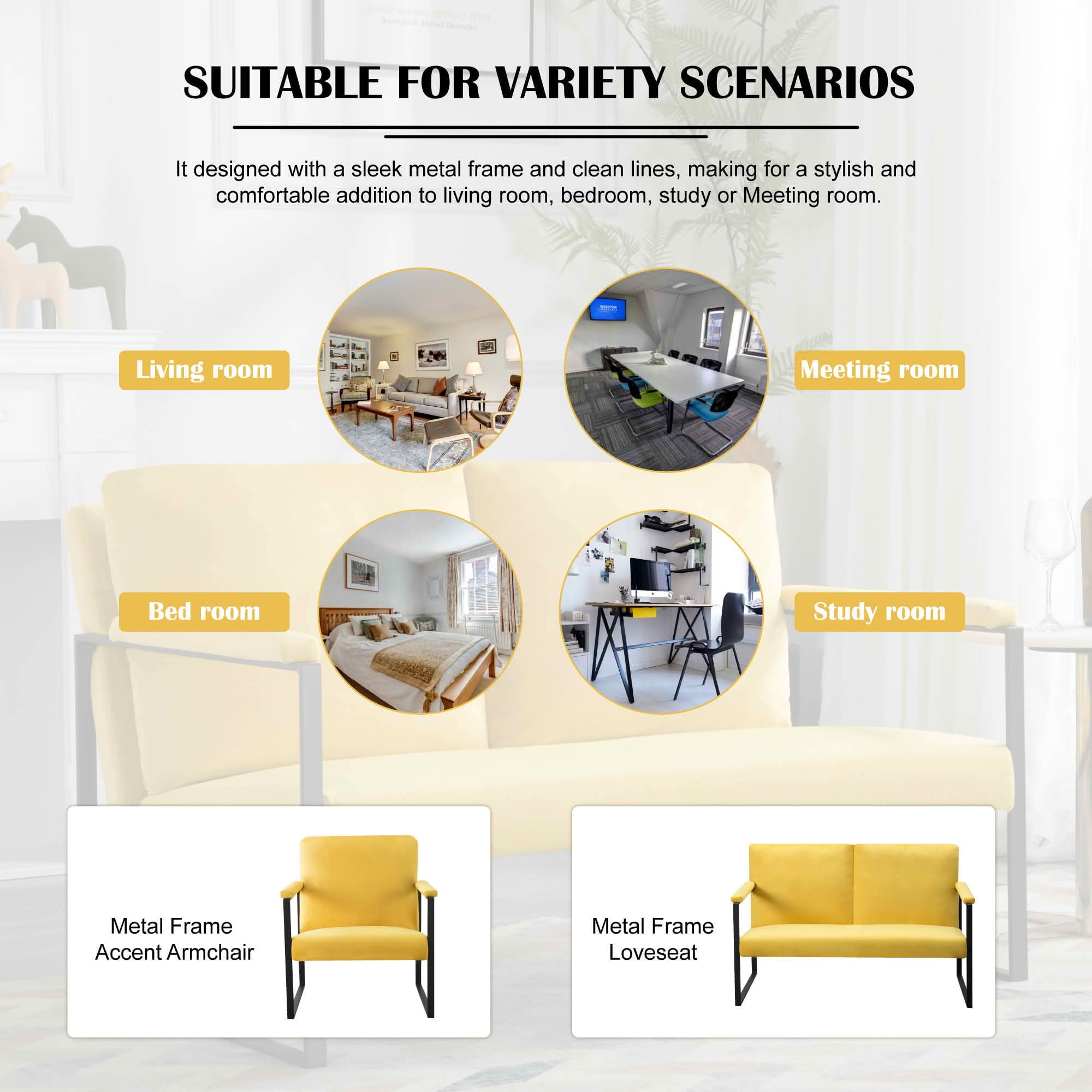 MAYEERTY 26.8 Inch +49.2 Inch 2 Pieces Accent Armchair - Padded Square Arms, Sturdy Metal Frame, Compressed Cushions，
