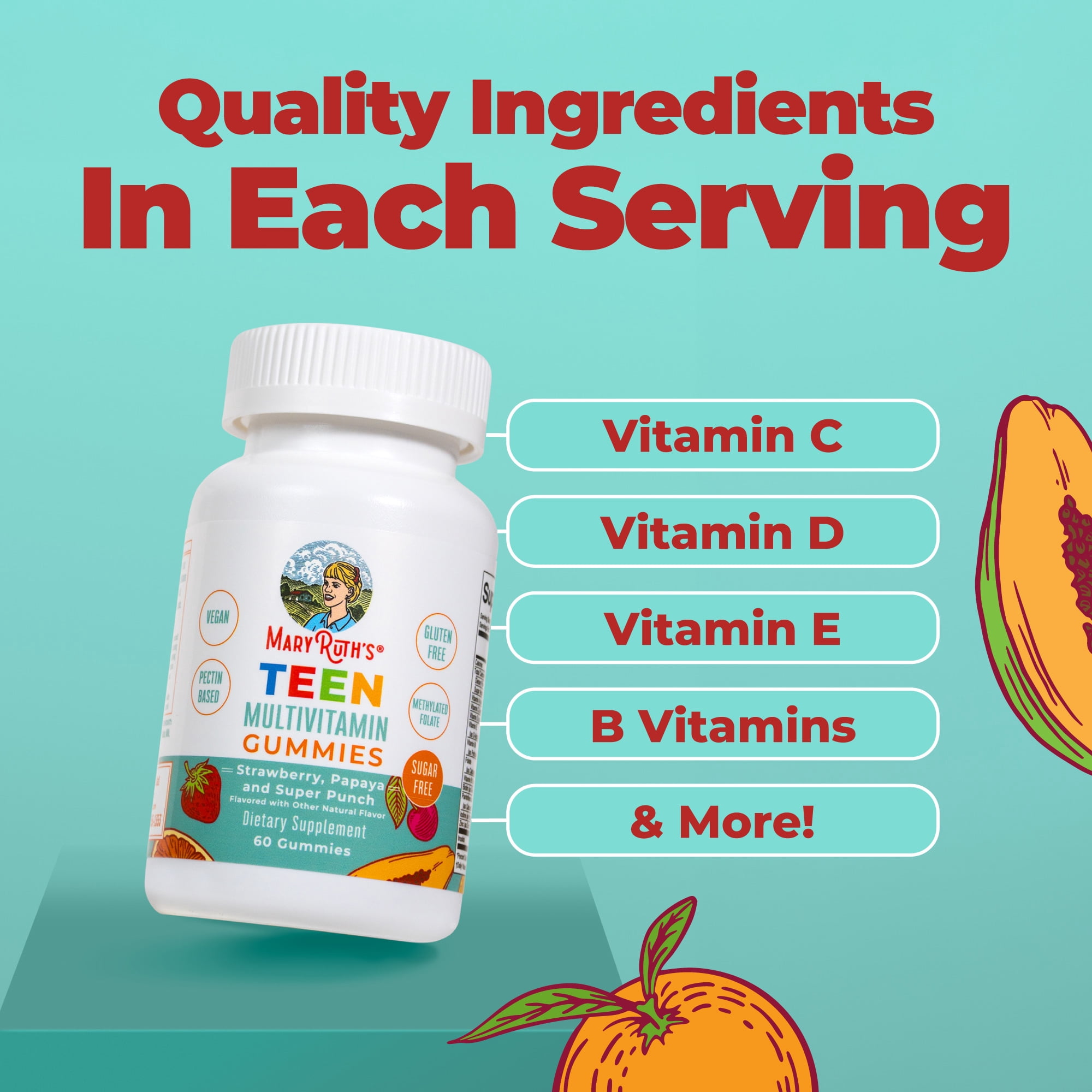 MaryRuth's Teen Multivitamin Gummies with Vitamin C, D, E, B Vitamins, Biotin, Zinc, Vegan, Sugar Free, 60 Count