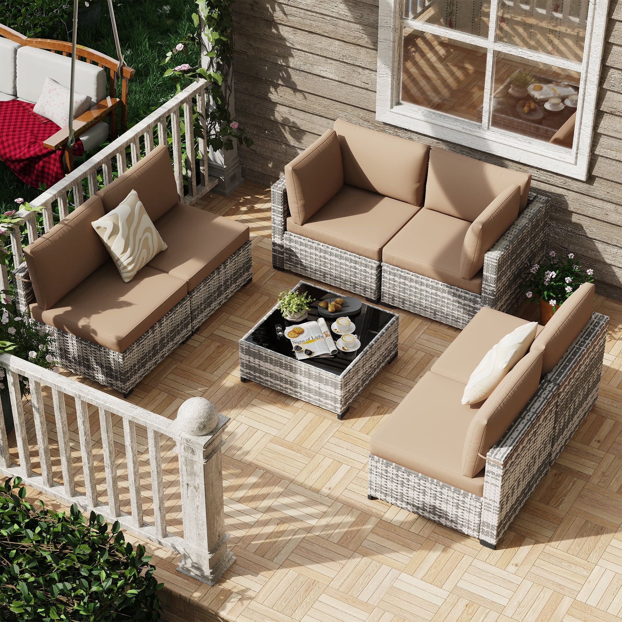 KIGOTY 7 Piece Outdoor Patio Furniture, Wicker Rattan Outdoor Conversation Set Sectional Sofas for Backyard, Garden, Grayish-white Camel