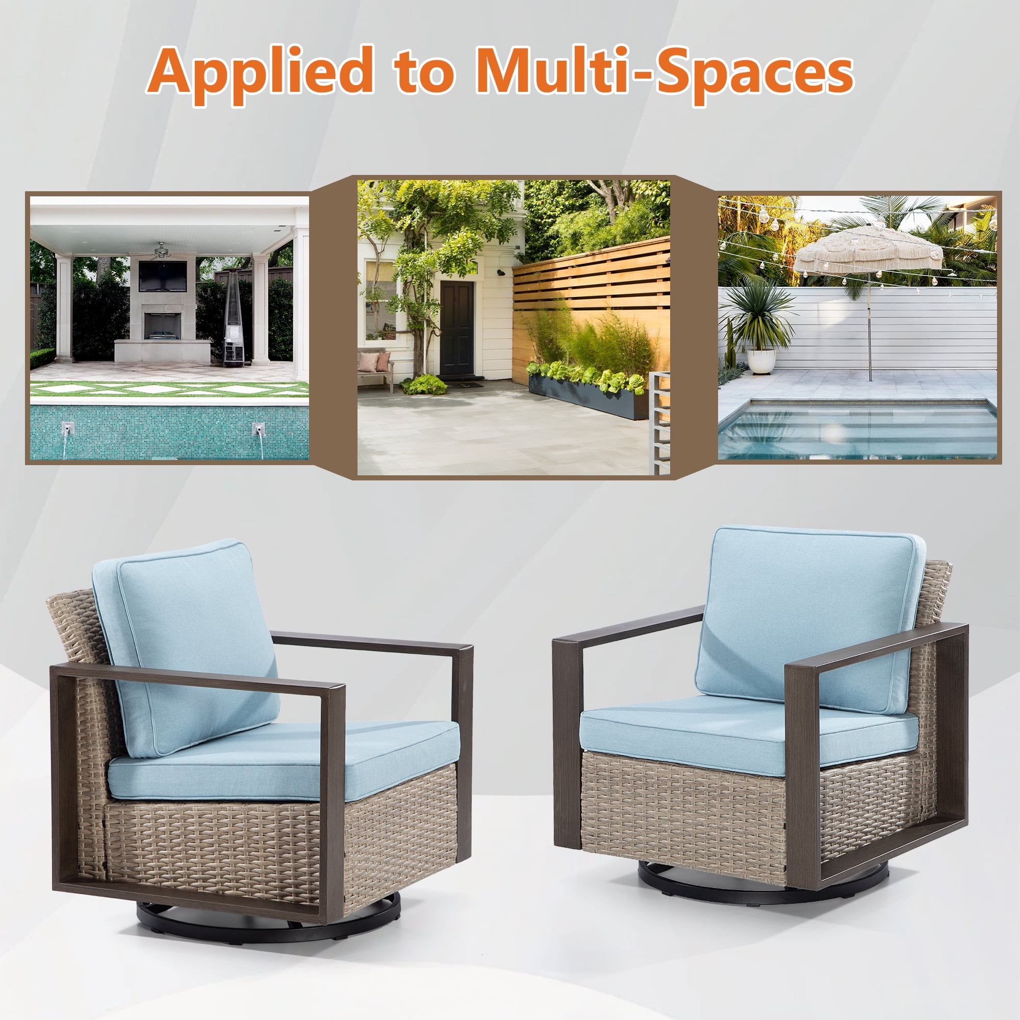 MeetLeisure Outdoor Swivel Patio Metal Chairs Set of 2, 360 Degree Glider Rocker Rattan Chairs with Washable Cushion & Steel Rectangular Armrest for Porch, Sky Blue