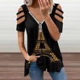 thumbnail image 2 of Night Eiffel Tower Womens Summer V Neck Zipper Top Short Sleeve T Shirt Off Shoulder Top Casual Classy Loose Shirts, 2 of 7