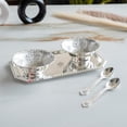 thumbnail image 3 of Embossed Leaf Design Curved Silver Plated Set Of 2 Bowl With 2 Spoon & 1 Tray - 140ml Each, Silver | Serveware, Diwali Gift Set Decorative - Silver Plated Bowl Set | Easy To Carry, Easy To Clean, 3 of 5