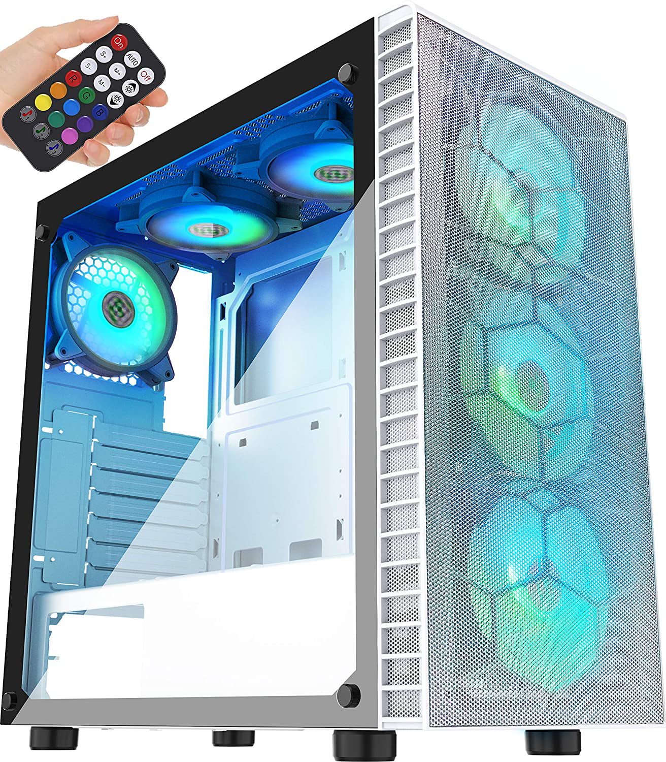 G05MN6-BW MUSETEX Mesh ATX Mid-Tower Computer Gaming Case with 6 PCS × 120mm LED ARGB Fans USB 3.0 Port Mesh Front Panel & Tempered Glass PC Chassis 