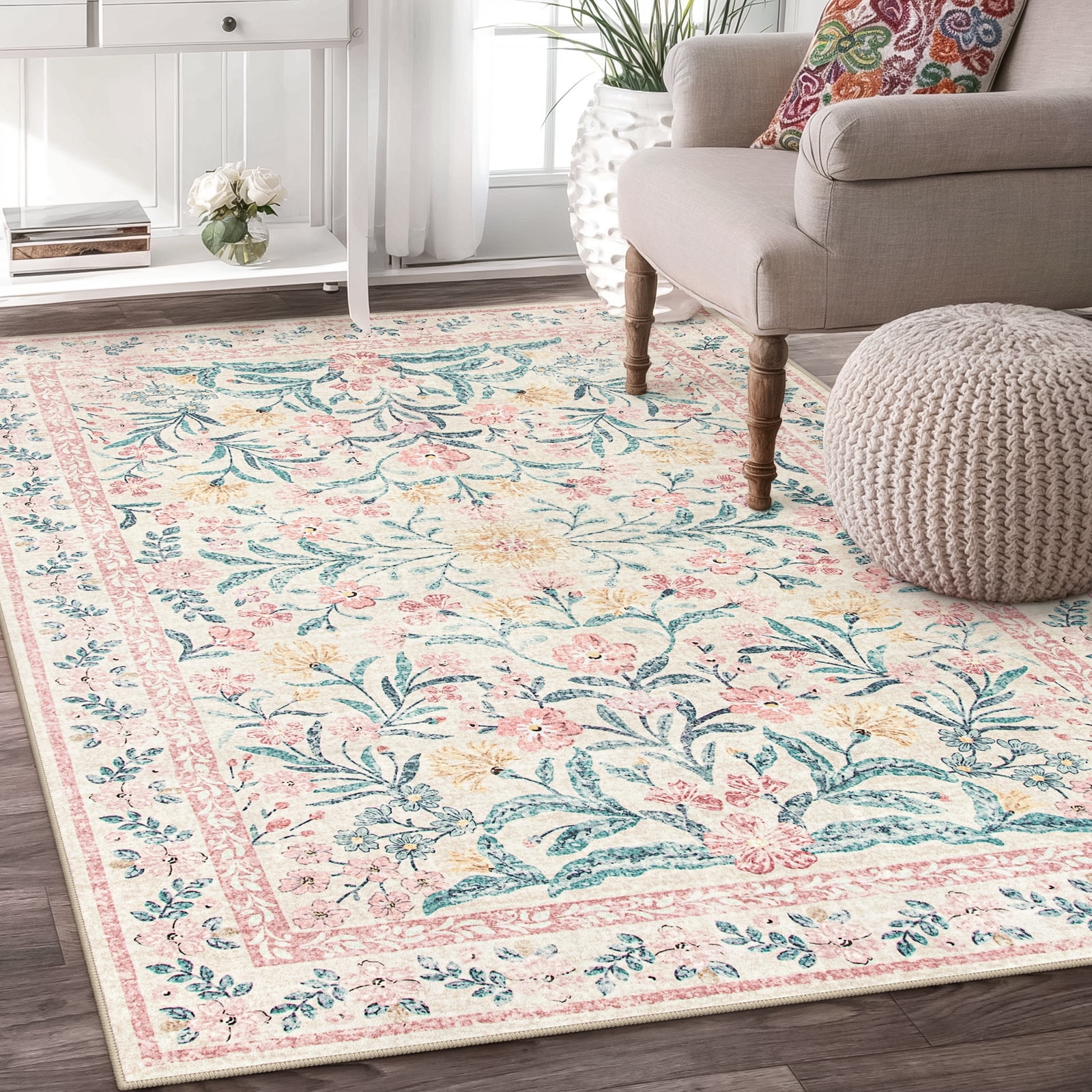 Lahome 5'x7' Washable Area Rug for Living Room with Non Slip Backing,Traditional Boho Rug,Low Pile Lightweight Carpet,Floral Print Mat,Better Home,Washable Machine for Bedroom,Pink
