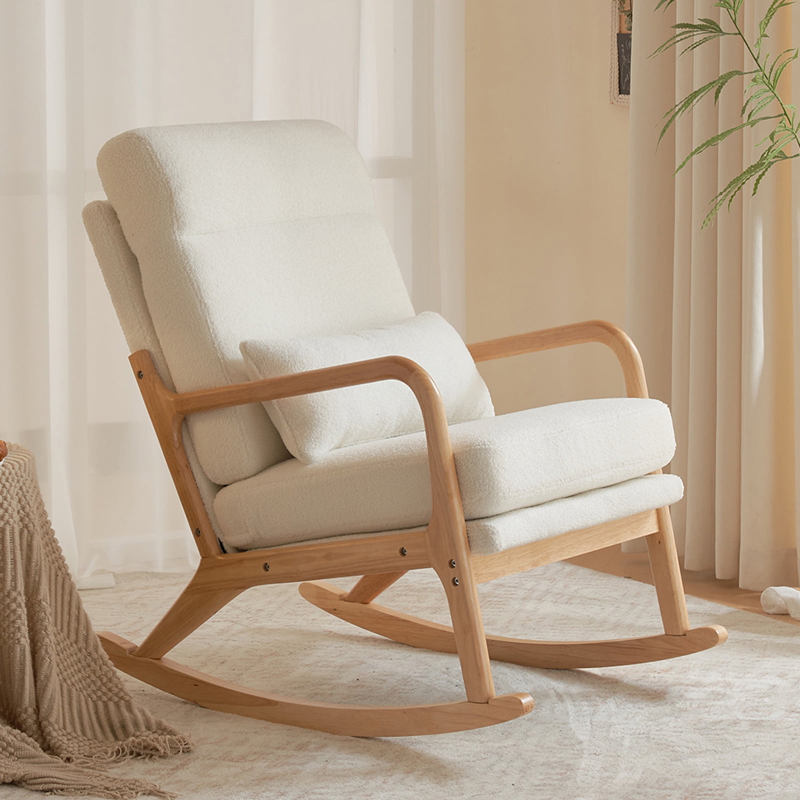 UWR-Nite Rocking Chair Nursery, 25.2" High Backrest Mid-Century Rocking Chair with Wooden Armrest Upholstered Glider Rocker with Free Lumbar Pillow for Living Room