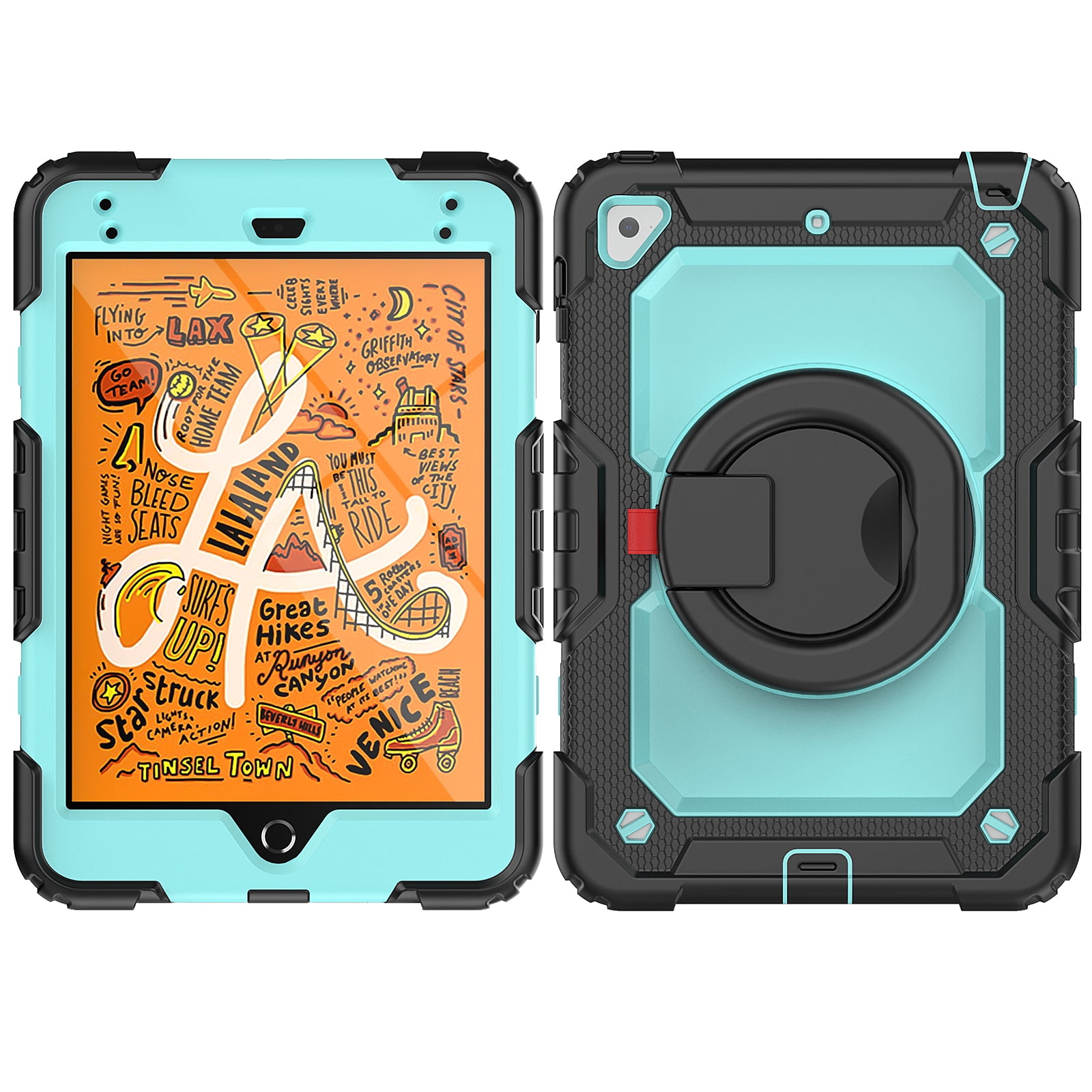 Dteck iPad mini 5 Case / iPad mini 6 Case with Built in Screen Protector, Child Proof Heavy Duty Shockproof Kids Case with Rotating Stand Handle Pencil Holder for iPad mini 5/4 7.9",Black + Light Blue