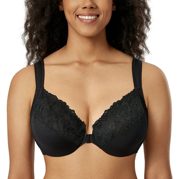 DELIMIRA Women's Front Closure Bras Plus Size Full Coverage Underwire Unlined Lace Bra