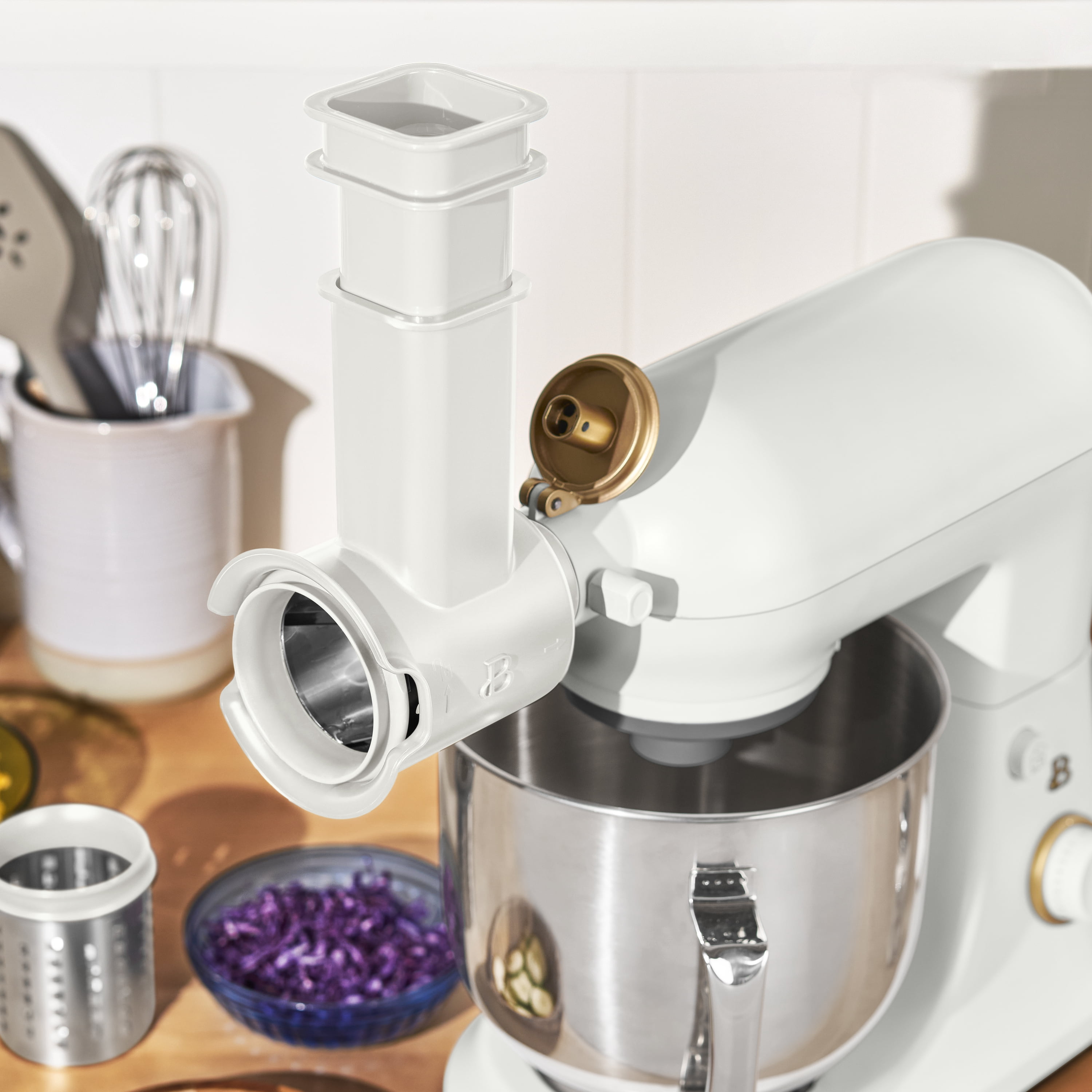Beautiful Slicer/Shredder Stand Mixer Attachment with 3 Stainless Steel Cutting Blades, by Drew Barrymore