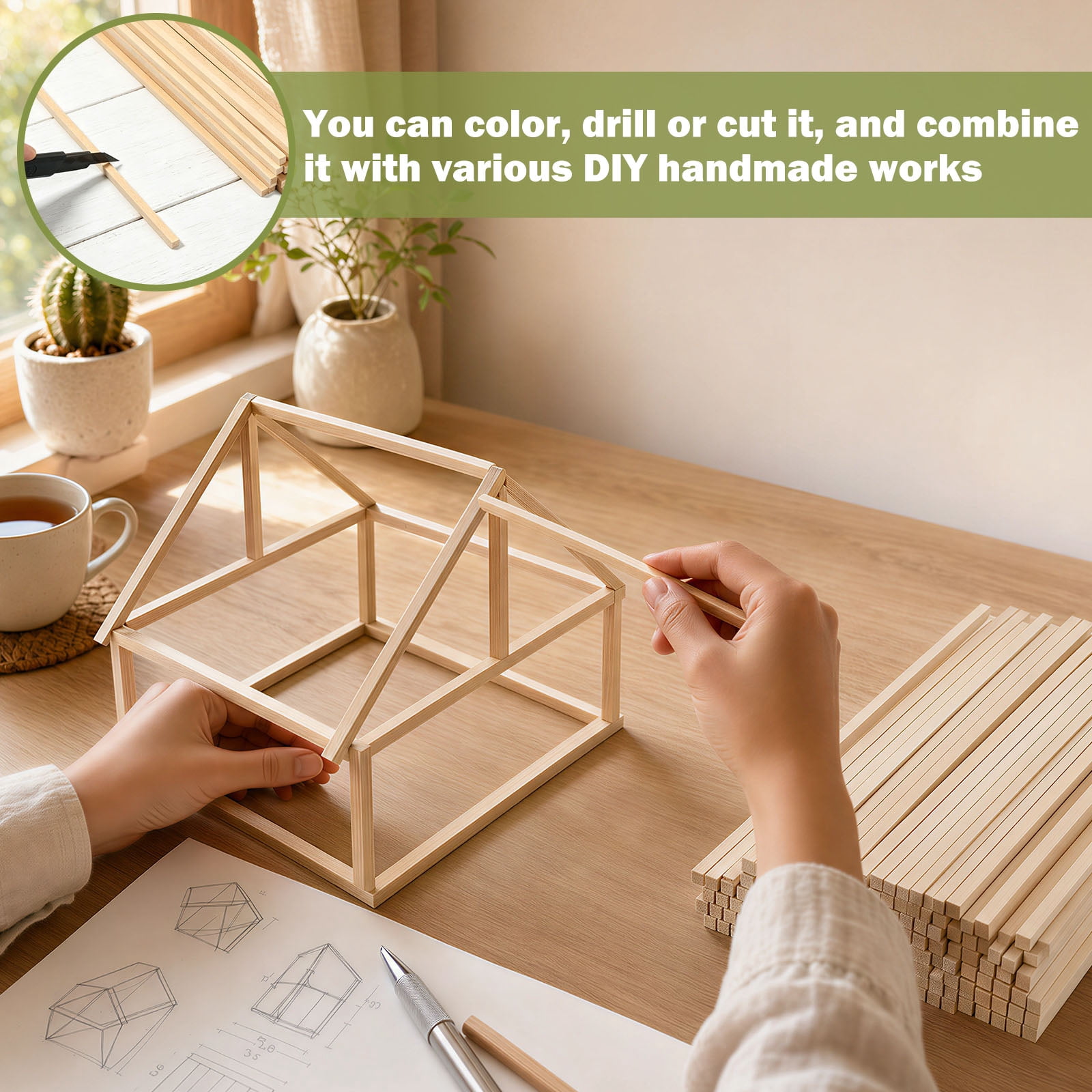 100Pcs Balsa Wood Sticks 0.2inch Square Wood Dowel Rods Unfinished Craft Sticks for Craft DIY Supplies Arts and DIYers