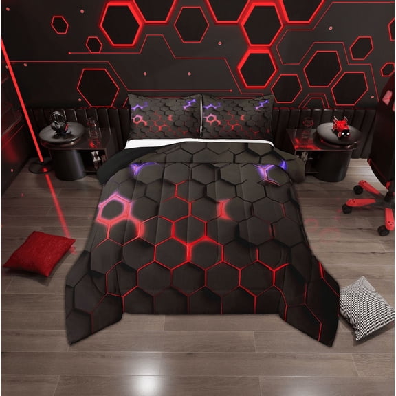 Erosebridal Neon Red Purple Hexagon Comforter Sets Twin Size, Geometry Honeycomb Comforters & Duvets, Black Room Decor, Reversible 2pcs