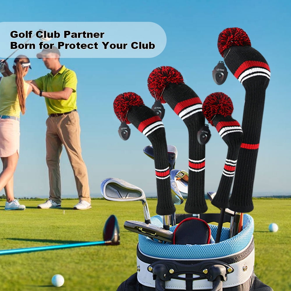 LeFeng 3Pcs Golf Club Head Covers Set Knitted Golf Head Covers for 460cc Driver Fairway Woods and Hybrid with Cute Pom Pom and Number Tag