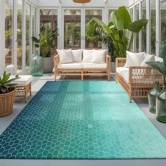 Aqua Teal Mosaic Washable Living Room Rugs 8'x10', Minimalist Abstract Hexagonal Grid Soft Gradient Washable Throw Large Area Rug Non-Slip Sturdy Edge Binding Carpet for Bedroom Dining Room Office