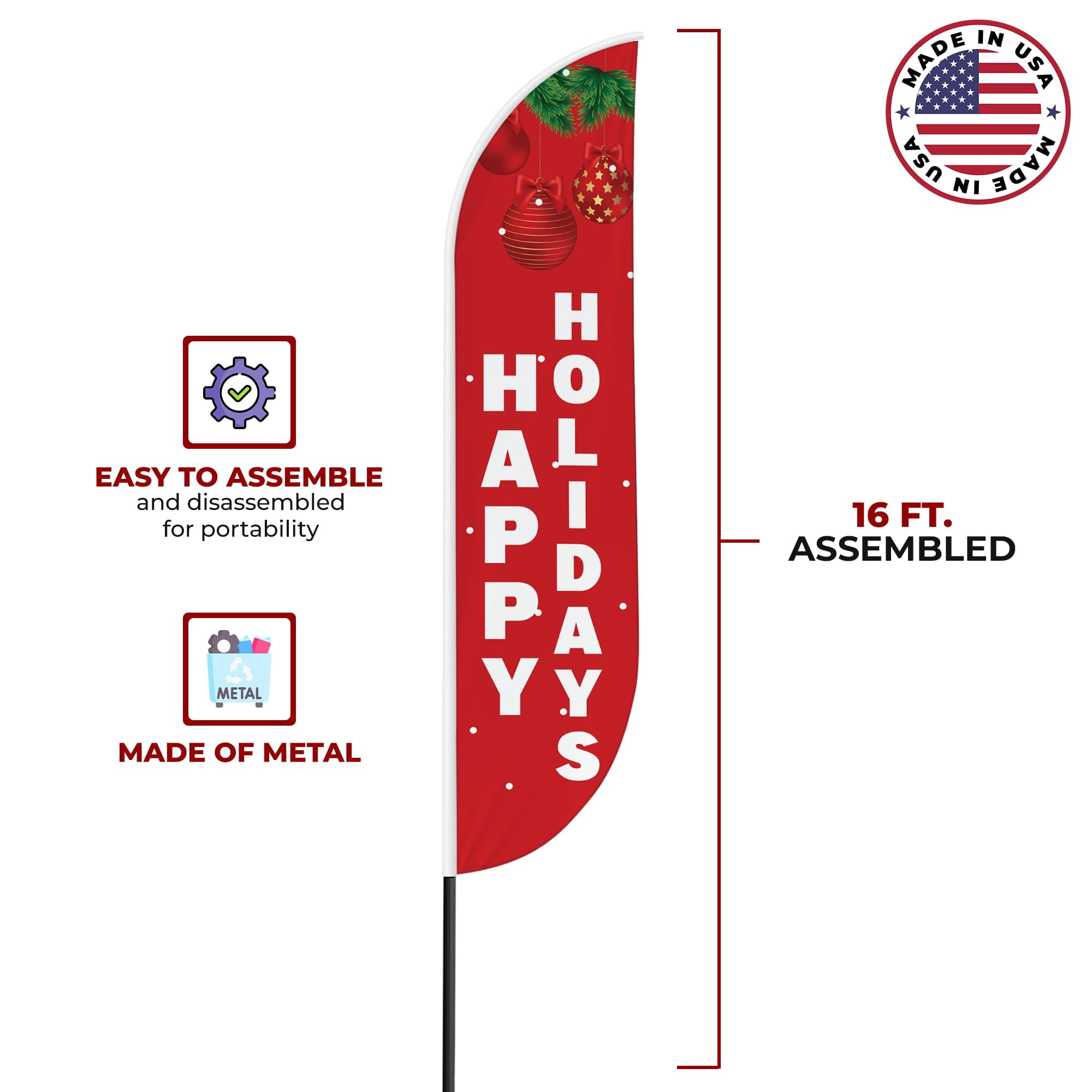 Happy Holidays Feather flag Pole Mountfor Outdoor by DreamController | 15 FEET Long Polyester Outdoor Banner Flag Pole Kit for Easy Hang | HD Print Swooper Flag Pole Stand for Happy Holidays| Made in