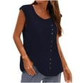 thumbnail image 2 of Wycnly Womens Tank Tops Casual Solid Button Down Loose Fit Cotton Linen Vest Tops Summer Fashion Plain Round Neck Sleeveless Shirts Blouse Navy XXL, 2 of 5