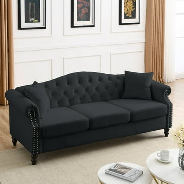 Newboti Furniture 79" Chesterfield Sofa Black Velvet for Living Room, 3 Seater Sofa Tufted Couch with Rolled Arms and Nailhead for Living Room, Bedroom, Office, Apartment, two pillows 22764