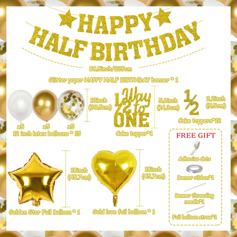 Half Year Old Birthday Party Decorations for Girls Or Boys Gold Glitter  Happy Half Birthday Banner 1/2 Way To One Cake Topper Balloons Set For 6  Months Birthday Party Supplies 