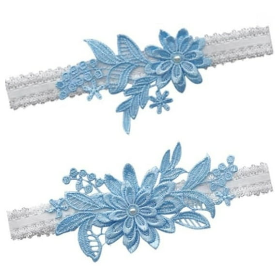 Wanfoou Wedding Garters Set for Bride - 2 Pcs Light Blue Lace Bridal Garter, Elastic Hand Sewn Floral Leg Ring Ornaments With Stretch