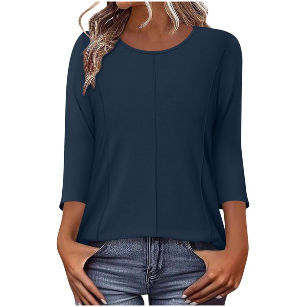 Camiseta de Cuello Redondo de Manga 3/4 de Color Sólido Casual con Poliéster Suave, Top de Primavera de Moda para el Uso Diario en Casa O en el Trabajo