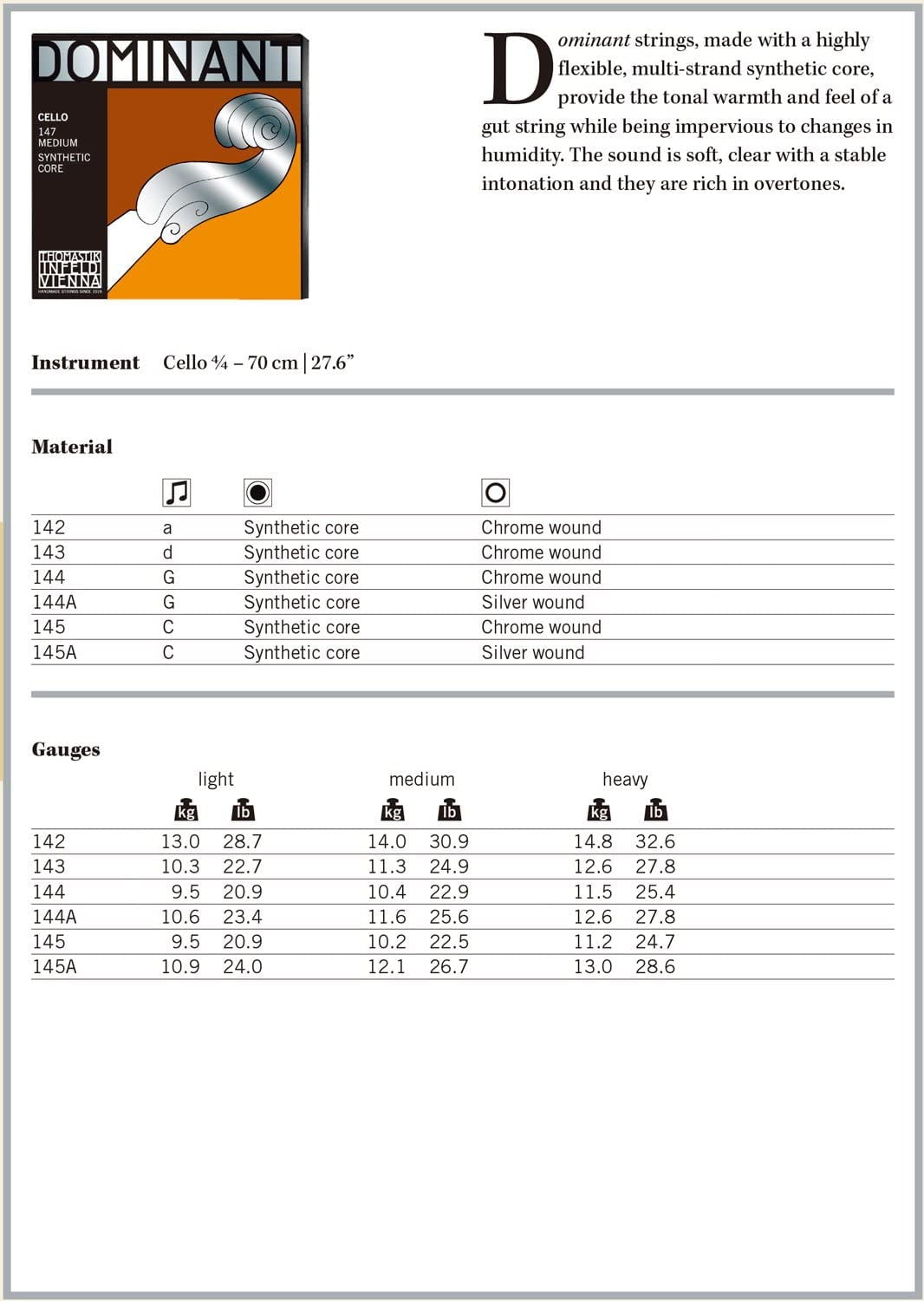 Thomastik Dominant 4/4 Size Cello Strings 4/4 Set