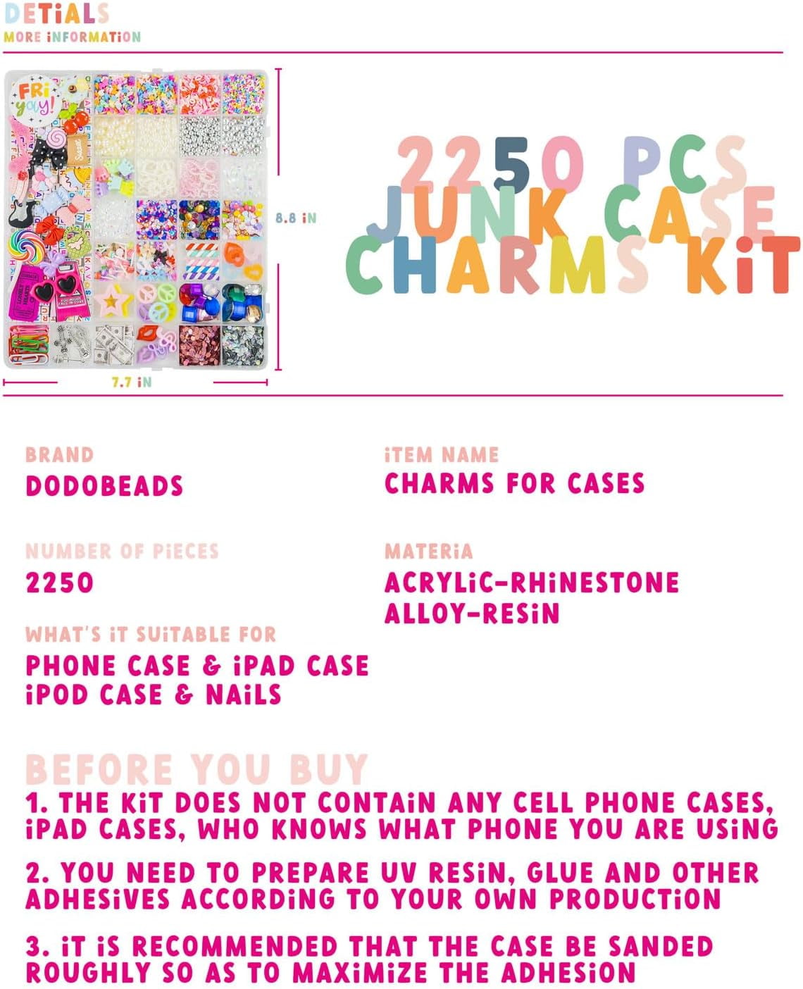 2250 Pcs Junk Case Charms Kit, Charms for Junk Cases, Phone Case Charms, Junk Case Kit with Big Charms, Bow Charms, Nail Charms, Letter Beads, Pink Charms,Junk Beads Charms