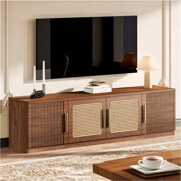 Fnova 70.9" Modern TV Stand with 6-Tier Storage, Wood Rattan Media Console for TVs Up to 80 Inches, Living Room Entertainment Center, Large TV Cabinet with Shelves for Bedroom/Entryway