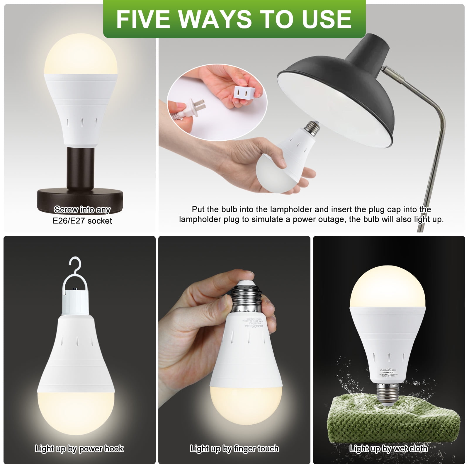 6Pcs Rechargeable Light Bulbs, Emergency LED Light Bulbs, 9W 3000K 1200mAh E26 Battery Operated Light Bulb with Hook for Home and Outdoor