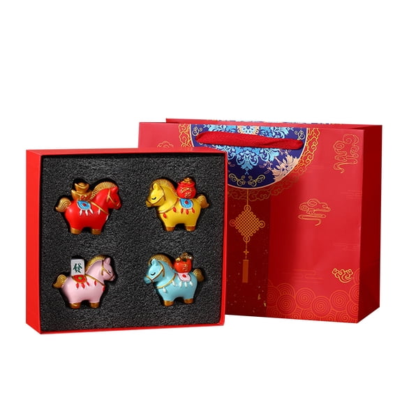 4Pcs 2026 Chinese New Year Zodiac Horse Figurine Set, Creative Tabletop Ornament Gift Box, Cultural Decorative Mascot for Year of the Horse Spring Festival, Office Desk Home Shelf Holiday Display