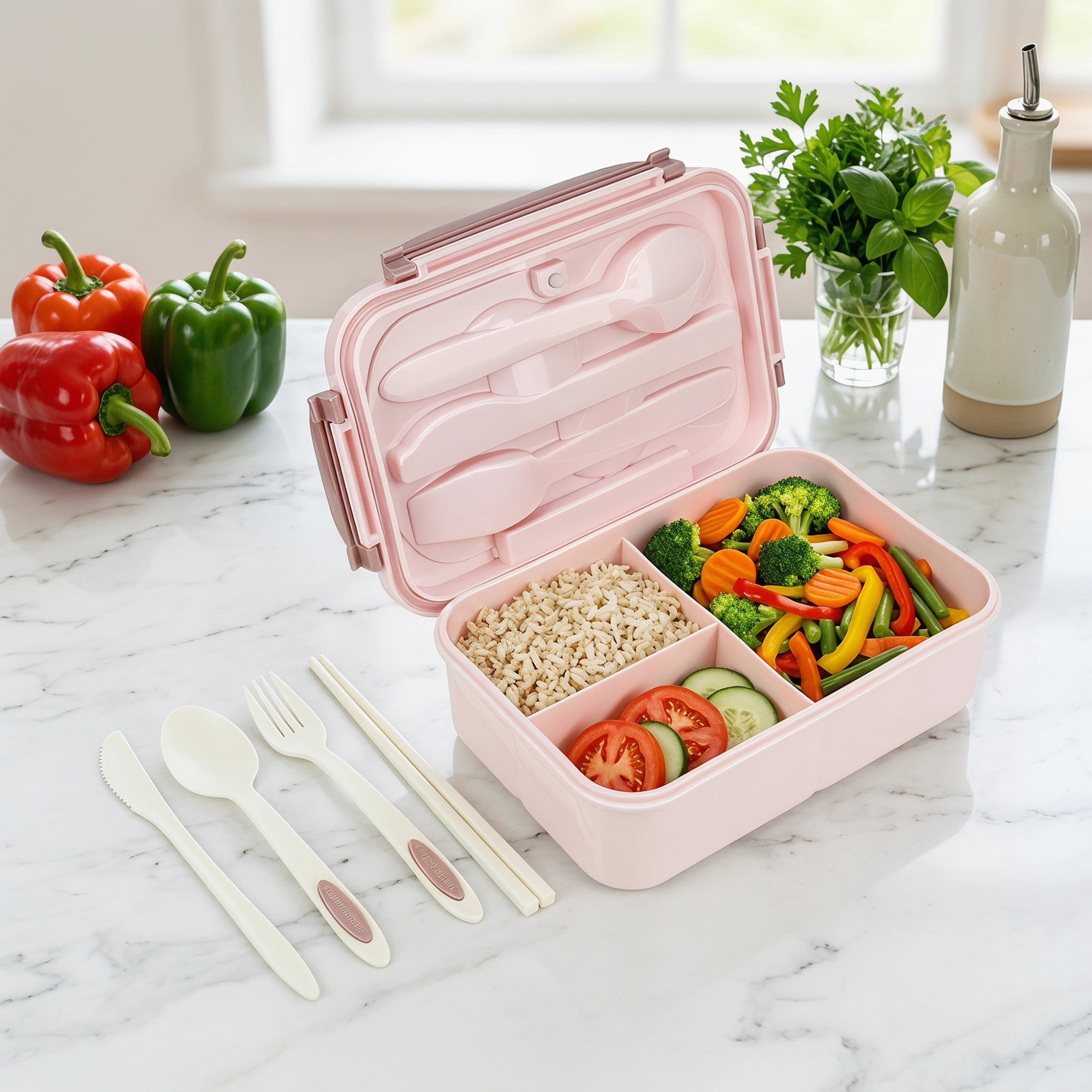 Unique Bargains 3-Compartment Leak-Proof  Lunch Bento Box with Utensils Pink