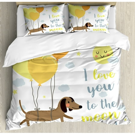 I Love You Queen Size Duvet Cover Set, Cute Dog with Balloons and Hearts Sun Clouds Puppy Baby Best Friends, Decorative 3 Piece Bedding Set with 2 Pillow Shams, Yellow Cocoa Blue Grey, by (Best Cloud Backup Solution)