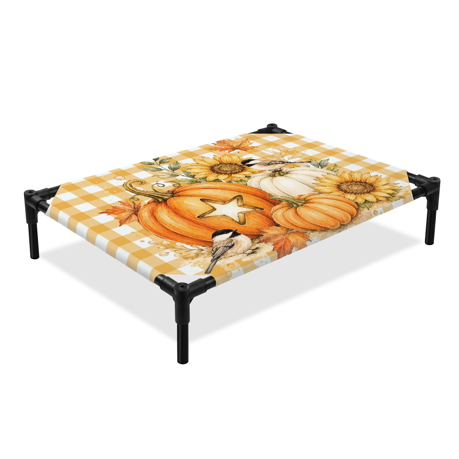 Thanksgiving Pumpkins Elevated Dog Bed Fall Harvest Sunflower Berries Bird Yellow Plaid Cooling Breathable Outdoor Raised Dog Cot Bed with Metal Frame Non-Slip Feet for Medium Dog 24x20in