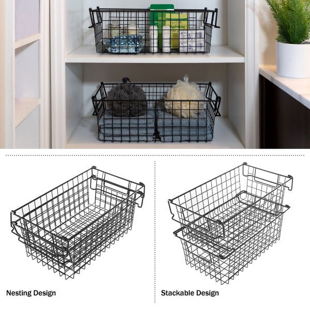 Set of 2 Storage Bins - Basket Set for Toy, Kitchen, Closet, and Bathroom Storage - Medium Shelf Organizers with Handles by Home-Complete (Black)