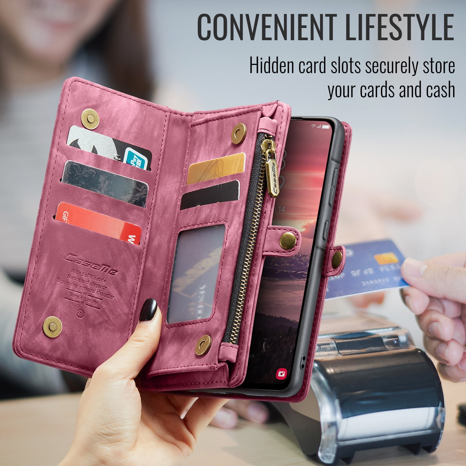 Dteck for Samsung Galaxy Note 10 Plus Wallet Case,Leather Zipper Wallet Case 8 Card Slots Holder Flip Purse Magnetic Handle Strap Shockproof Detachable Phone Cover For Samsung Galaxy Note 10+, Red