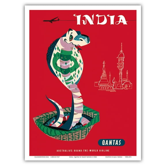 India - Qantas Airways - Indian Cobra (Naja Naja) - Vintage Airline Travel Poster by Harry Rogers c.1960s - Master Art Print (Unframed) 9in x 12in