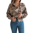 thumbnail image 3 of Women'S Long Sleeve Cropped Flannel Plaid Shacket Button Down Plaid Crop Short Jacket Coat Brown S, 3 of 10