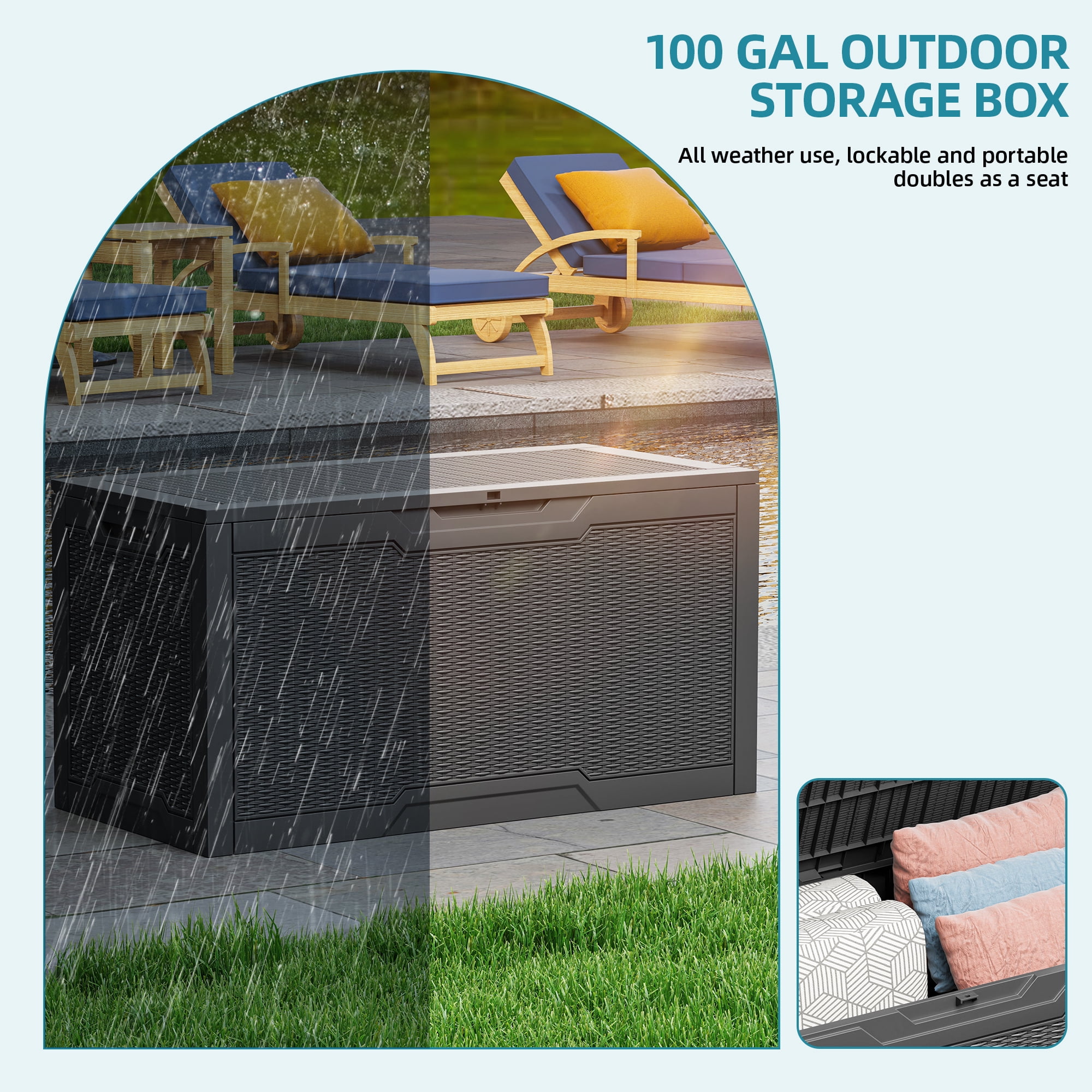 Uforic 100 Gallon Large Resin Deck Box, Waterproof Lockable Outdoor Storage Container for Patio Garden, Black