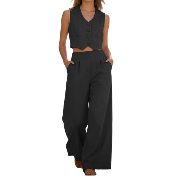 GPOECD Dressy Casual Outfits for Women Elegant Solid Color Suit Vest Tank Top and Wide Leg Pants Casual Womens Suits 2 Piece Set Business Black,XXL