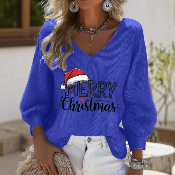 Odbmxy Womens Christmas Shirts V-Neck 3/4 Sleeve Tops for Women Plus Size Blue Funny Casual Vacation Graphic Loose Tops