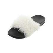 PJ Couture Women's Black Faux Fur Pearls Slide Slippers