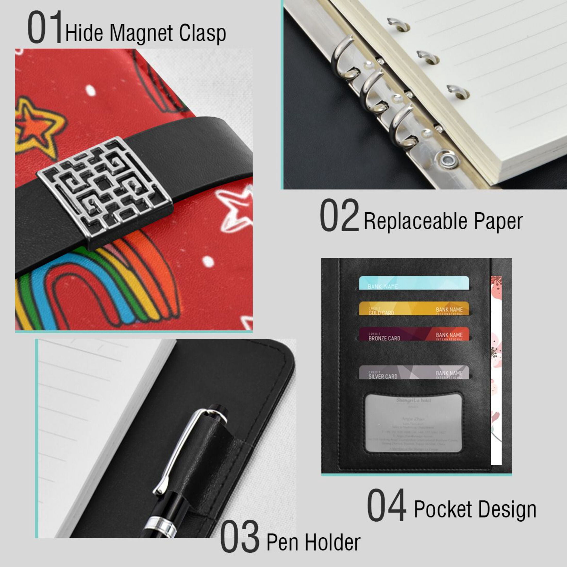 Leather Planner Leather Notebook Notebook Journal Binder Design Pen Pocket Design Convenient for Storage Cartoon Red Rainbow