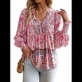 thumbnail image 2 of Blusa Informal con Cuello en V para Mujer, Holgada, con Estampado Floral, de Larga, para Playa. Rosa L, 2 of 10