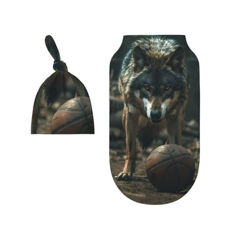 

Wukai Wolf With Basketball Newborn Swaddle Set 100% Cotton Matching Headband and Beanie Set