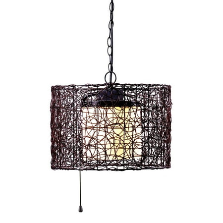 Kenroy Home Tanglewood Outdoor Pendant, Oil Rubbed Bronze, 16 Inch Dia, Rattan Bird-Nest Design Shade, White Glass Inner Bulb Shield, UL Listed for Wet Locations, On/Off Pull Switch, No Hardwiring