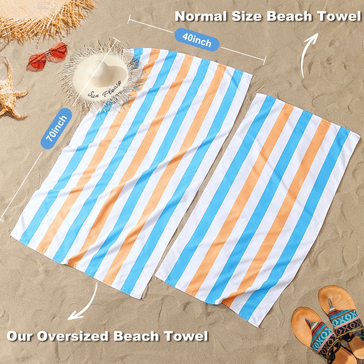 Jessy Home 4 Pack Orange Red Blue Oversized Beach Towel Set, 40"x70" Striped Beach Towels Super Absorbent Towels for Beach, Pool