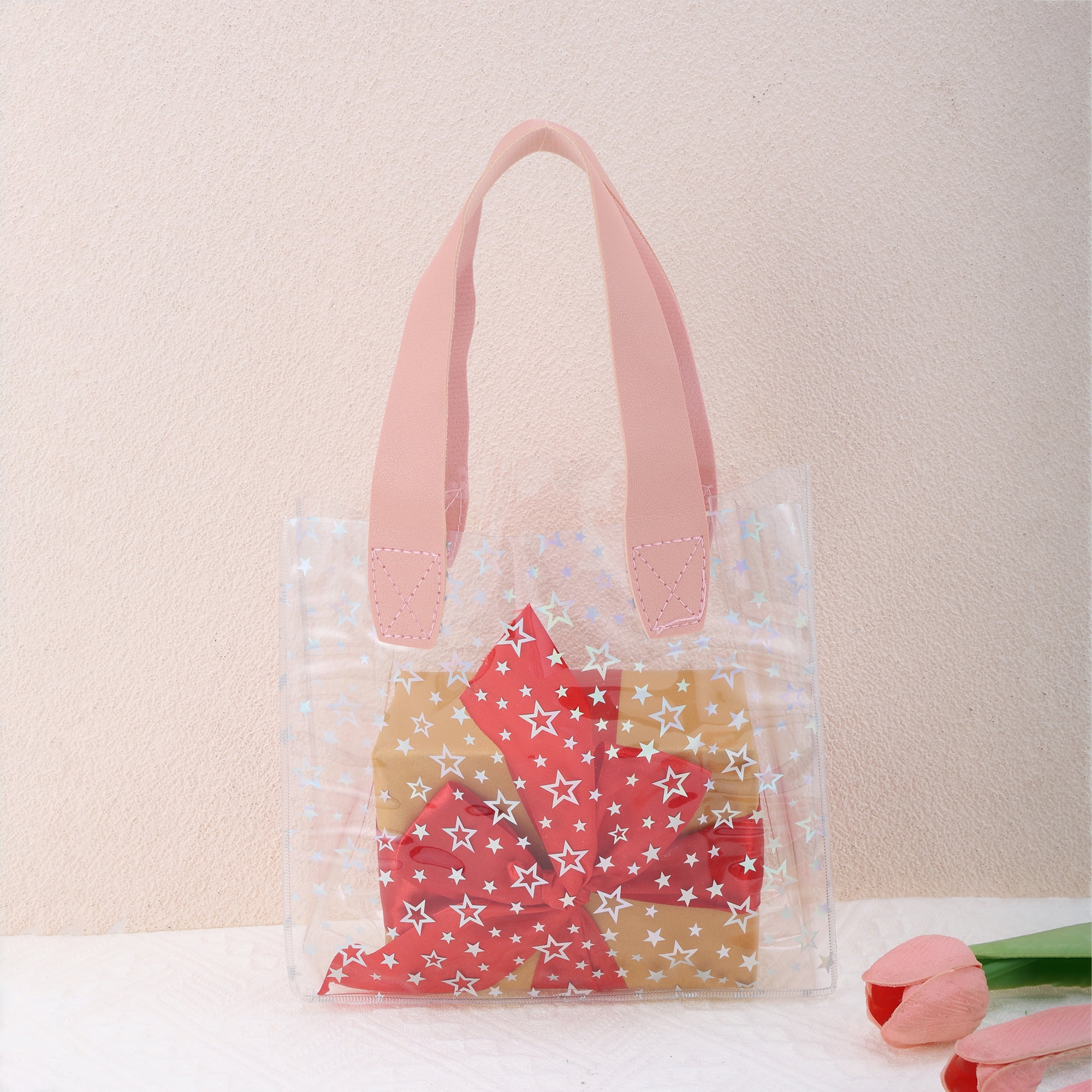 Unique Bargains Star Design Reusable Gift Bag for All Occasions 1 Pc Pink Clear Small