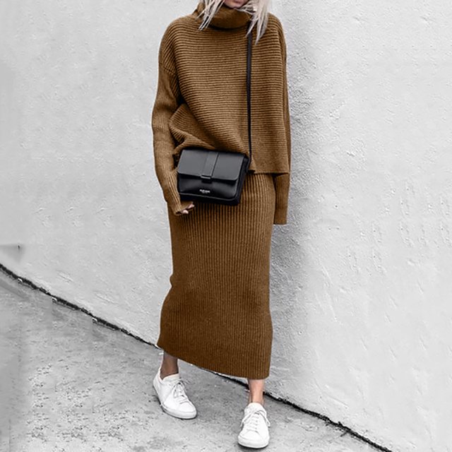 GZWYHT Ensembles pour Femmes Ensembles à Manches Longues pour Femmes Mode Hiver 2 Chandails en Laine Côtelée Tricotée Col Roulé Ensemble Femmes Robes Décontractées Ensembles de Détente pour Femmes Survêtements pour Femmes Ensemble Marron P