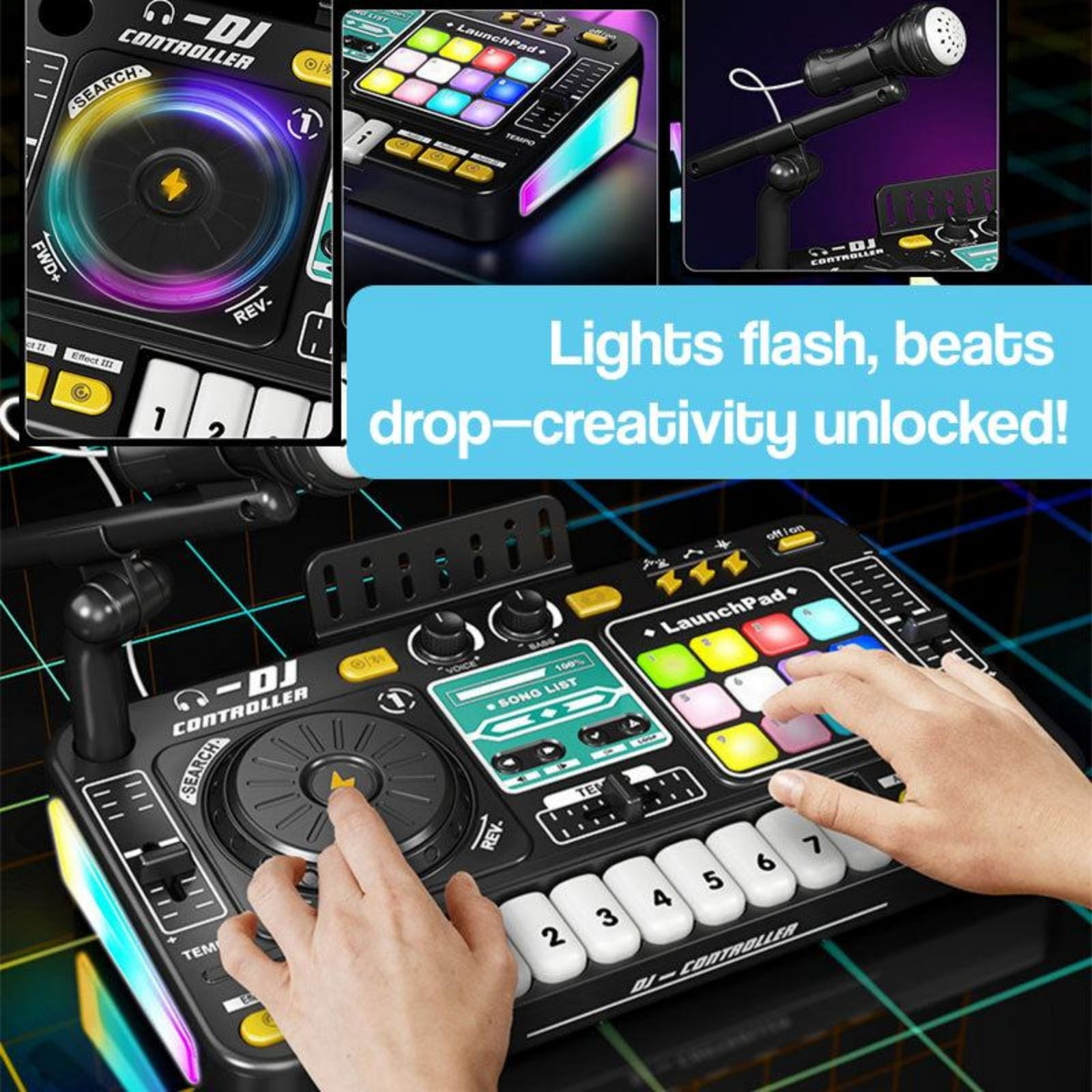 Interactive Kids DJ Mixer With Light Up Buttons Realistic Sound And Built In Microphone For Early Music Education