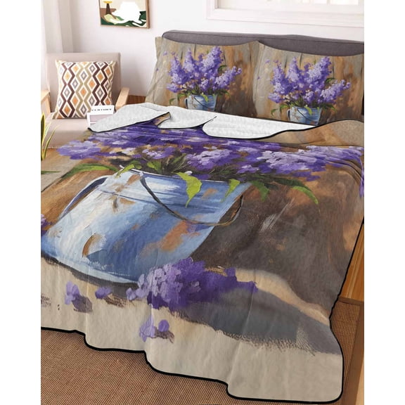 Lavender Full Size Down Alternative Comforter, Lightweight Comforter Quilt Bedding Set with Pillow Shams Spring Floral Purple Watercolor Vintage All Seasons Bed Comforter Duvet Insert 78"x90"