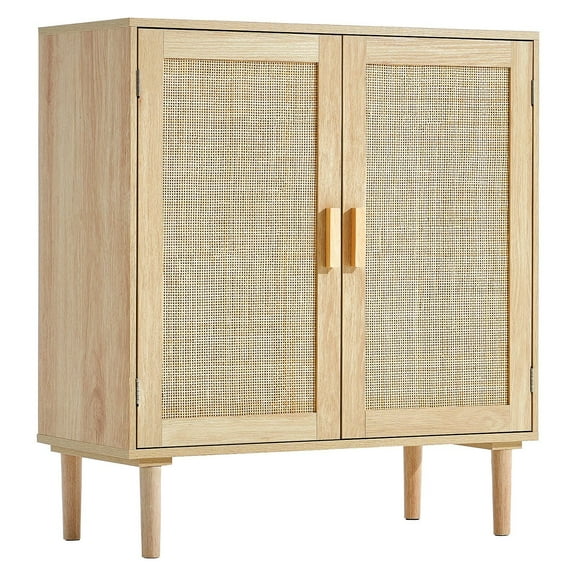 Rattan Cabinet Storage with 2 Magnetic Doors & Adjustable Shelves Natural